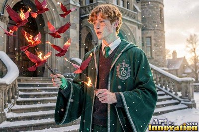 Young man clothed in a green robe conjuring red flaming birds outside
