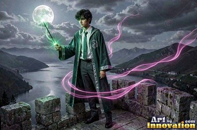 In a dark green robe on a stone castle wall, a young man holds a wand under the full moon
