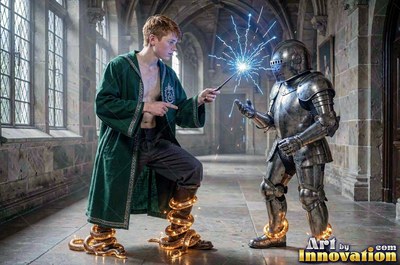 A young man points a wand at a suit of armor, making bright blue sparks