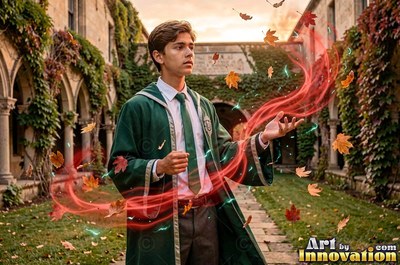 Standing in a courtyard, a young man in a loose green robe casts red magic