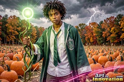 In a pumpkin patch, a young man in green robes holds a vine staff under lightning