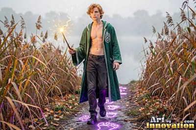 Walking a path, a shirtless man with a green robe holds a sparking wand by tall reeds
