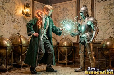 A young man in a long green robe points a wand at a suit of armor