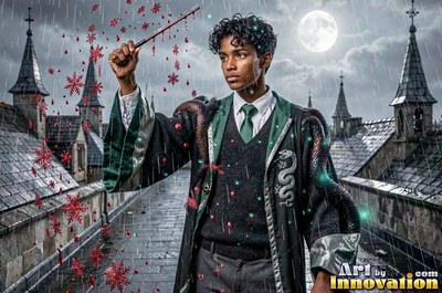 Wearing a dark long green robe, a young man raises a wand on a wet castle bridge under a full moon