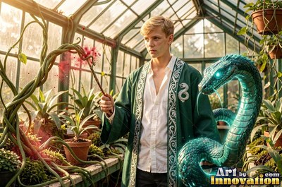A blond young man holds a wand beside a teal serpent under soft greenhouse light