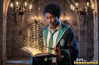 Standing in a stone castle hall, a young man reads a bright book with his wand
