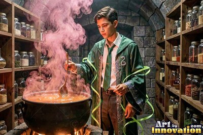 A young man in green robes stirs a bubbling cauldron filled with pink smoke