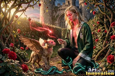 In a rose garden, a man clothed in a green robe kneels with snakes and a winged cat