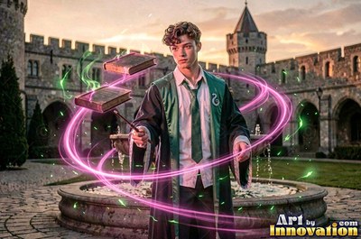 Levitating books with a wand, a young man in green robes stands in a castle courtyard