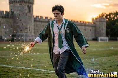 In an open loose green robe, a man walks across a field outside a stone castle while his wand sparks bright yellow