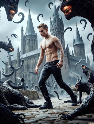 A bare-chested man walks past dark horned monsters under a gray castle sky