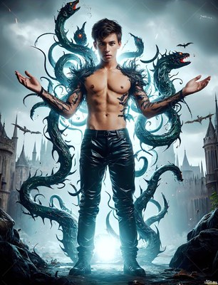 A shirtless young man stands in black leather pants with dark snakes rising behind him