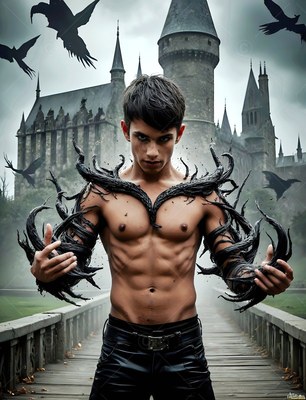 On a castle bridge, a man with no shirt controls black tendrils curling over his arms