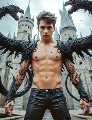 Man with a bare chest in black pants with dark serpent wings by a castle