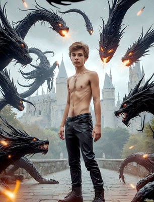 Standing shirtless on a bridge, a young man faces floating black serpents before a castle