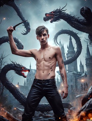 A shirtless man raises a wand near black snakes outside a castle