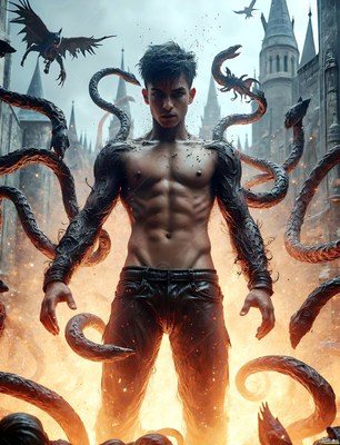Standing shirtless in a castle courtyard, a man is surrounded by dark snakes