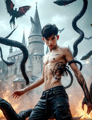 Standing shirtless by fire, a young man commands black serpents outside a stone castle