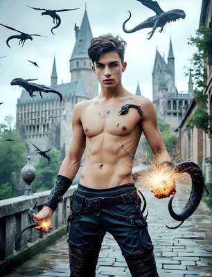 Young man with no shirt holding sparks on a stone bridge outside a castle