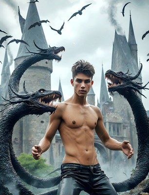 Shirtless in black pants, a man stands outside a tall castle flanked by dark serpents