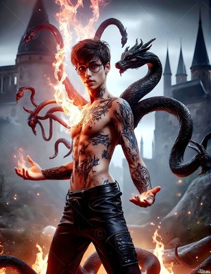 Standing shirtless by a castle, a tattooed young man conjures fire and black serpents