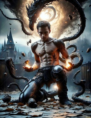 A shirtless man kneels outside a dark castle as black serpents swirl around him
