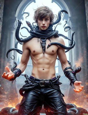 Standing with fiery hands, a bare-chested young guy controls dark snakes draped around his neck
