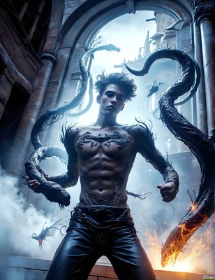 Wearing black leather pants, a bare-chested man stands in a stone castle archway with dark snakes