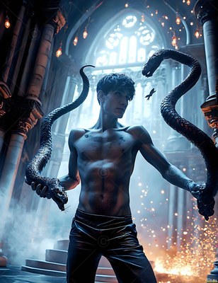A shirtless man holds two black serpents by their tails in cold blue hall light