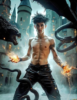Standing facing forward at a castle, a bare-chested man conjures dark snakes