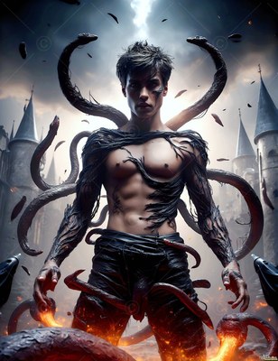 Outside castle towers, a man with a bare chest stands with black snakes around him