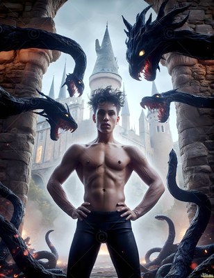 Shirtless young man stands near dark snakes by a castle arch