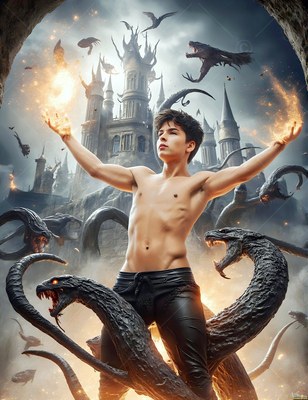 Bare-chested in black pants, a young man raises fiery hands near dark serpents outside a stone castle