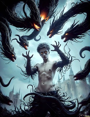 Outside a castle, a shirtless pale man summons dark serpents under gray clouds