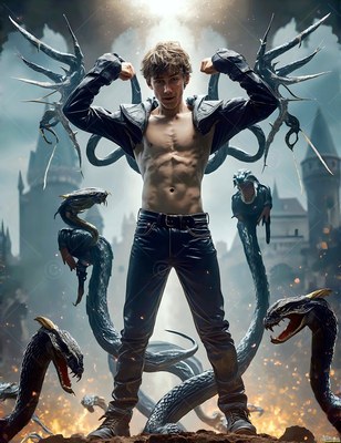 In an open black jacket, a bare-chested man flexes outside a castle as dark snakes rise