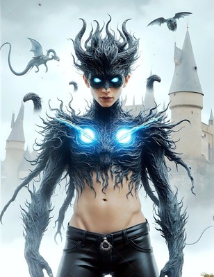 A horned dark-feathered man stands before a castle with bright blue light shining from his eyes and chest