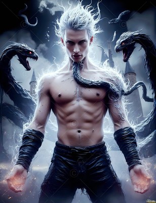 A bare-chested man with white hair conjures dark snakes by a castle