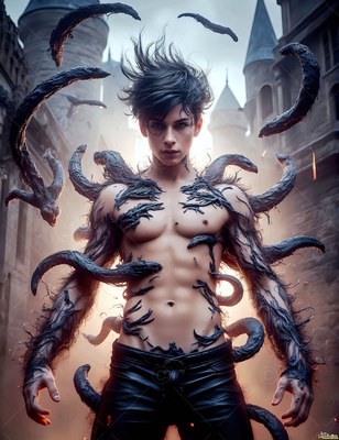 In a castle courtyard, a bare-chested young man stands covered in dark snakes