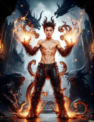Shirtless man with fiery hands surrounded by snakes and demons
