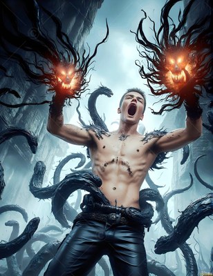 A shirtless man shouts as black snakes rise around him under bright orange fire skulls