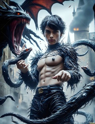 Facing forward in a castle yard, a shirtless young man controls black winged snakes