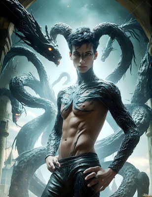 In a stone archway, a bare-chested young guy stands beside dark horned serpents