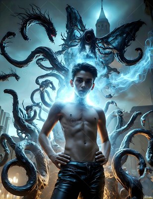 Standing shirtless with hands on hips, a young man summons blue smoke and dark serpents