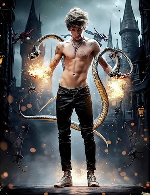 A man with no shirt conjures twin snakes with fire in his hands under a dark gray sky