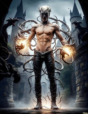 In a castle courtyard, a shirtless man summons bright light from his hands
