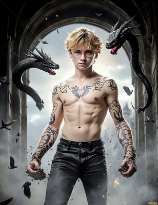 Clenching his fists, a tattooed young man stands between two flying black serpents