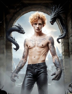 Curly red hair frames a bare-chested man in leather pants, standing by stone arches with black horned serpents floating near him