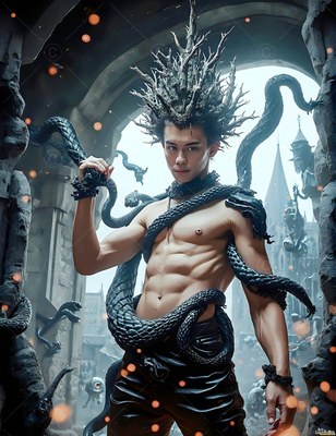 A shirtless man holds a black snake around his torso beneath pale gray sky light