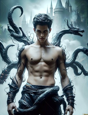 Facing forward before a castle, a man with a bare chest stands wrapped in dark serpents
