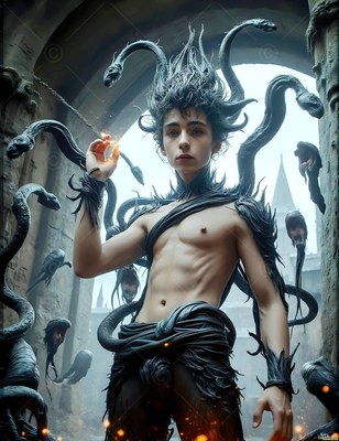 In a stone courtyard, a bare-chested young man stands with dark snakes rising around him